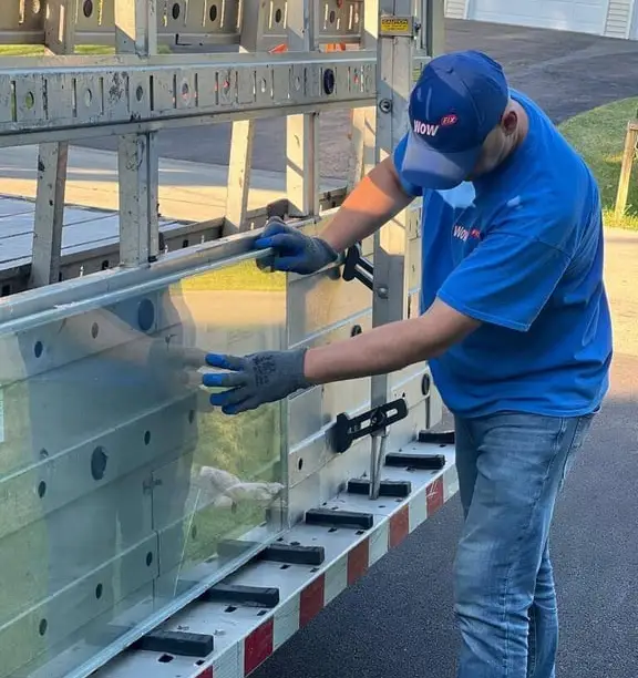Made-to-measure sealed glass units racked on the WowFix delivery truck, ready for installation