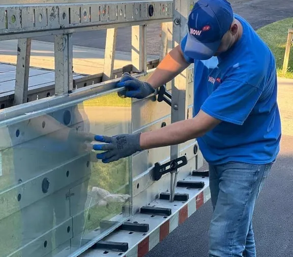 Made-to-measure glass units on the WowFix truck rack — catalog work, catalog prices