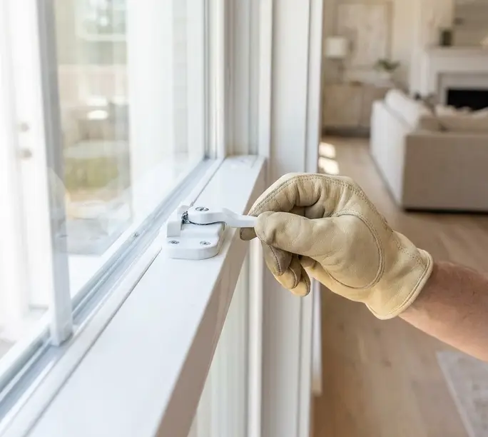 Window cam lock and hardware being serviced on a vinyl sash