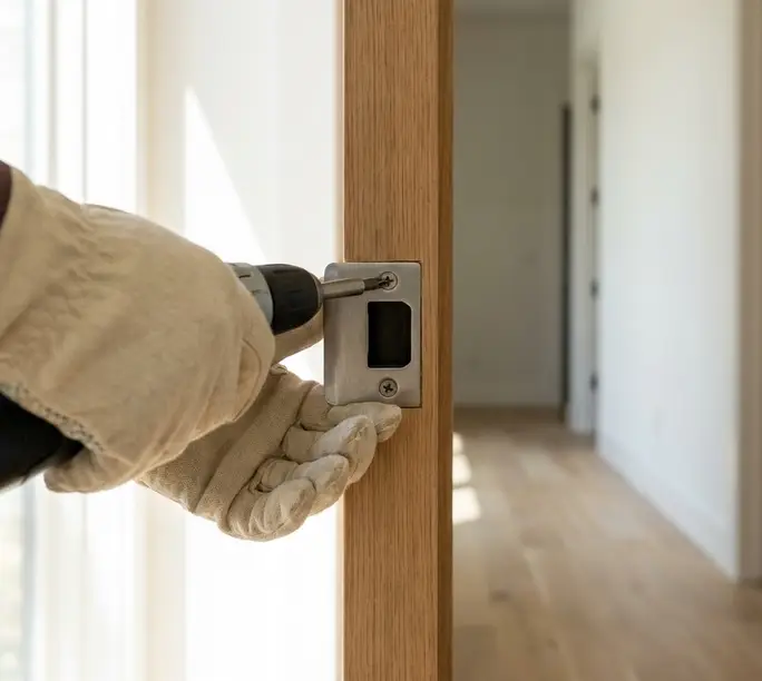 Strike plate being fastened flush into a door jamb during a WowFix hardware repair in Charlotte
