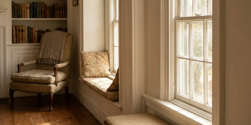 Traditional New England style double-hung window with white trim — Harvey windows serviced by WowFix in NC