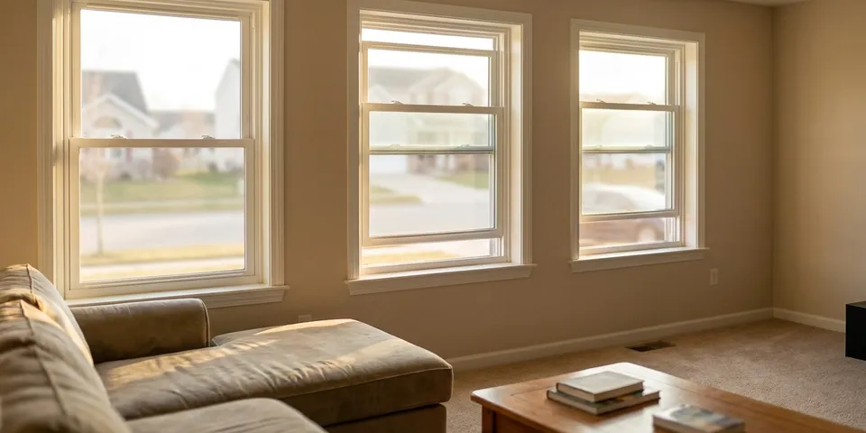 Builder-grade white vinyl single-hung windows in a 2000s subdivision home — Jeld-Wen style serviced by WowFix