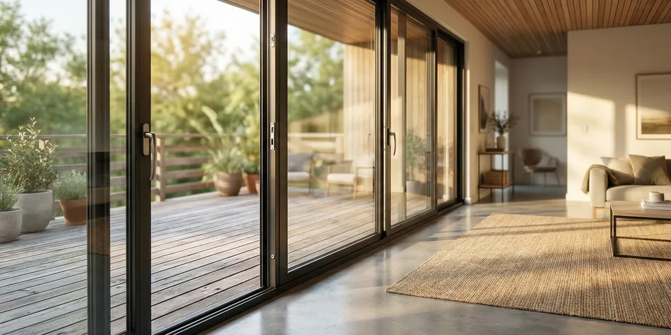 Wide sliding glass patio doors opening to a deck — Milgard-style sliders repaired by WowFix