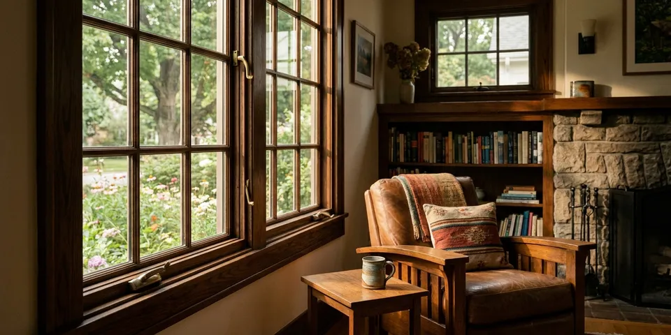 Wood-clad casement windows with crank hardware in a craftsman home — the Pella style WowFix repairs across North Carolina