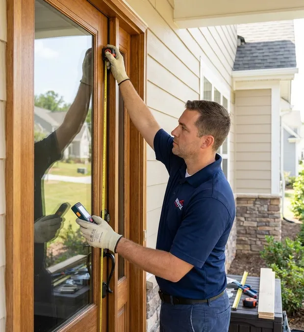 WowFix technician measuring door glass before fabrication in Raleigh NC