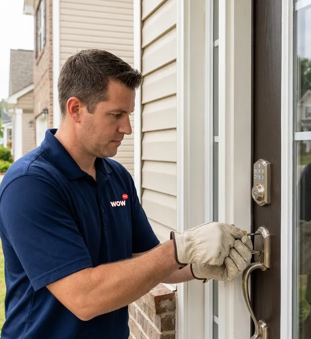 WowFix technician at work on a door exterior