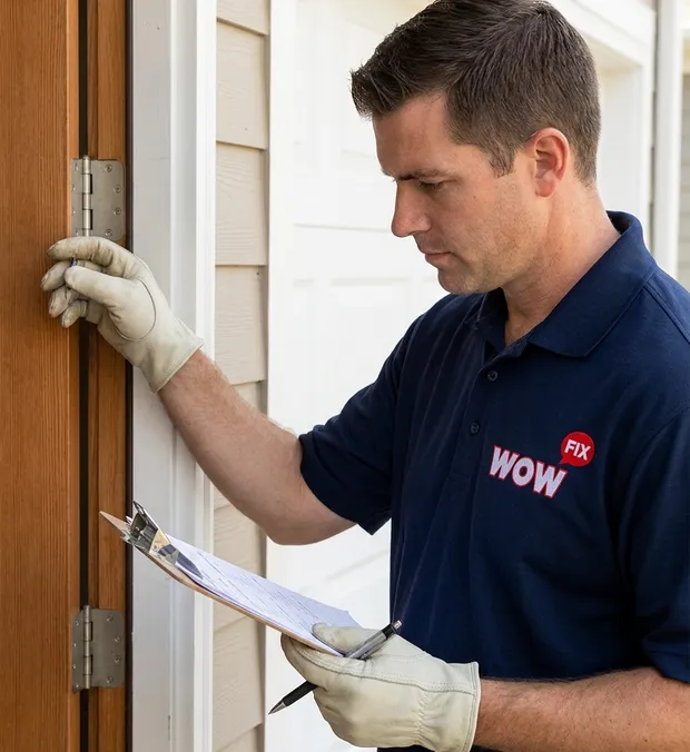 WowFix technician working through a door checklist outside