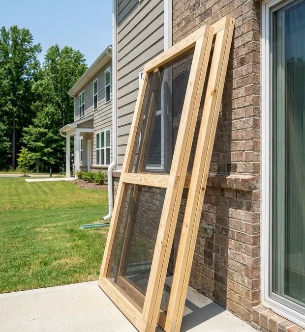 New screen frame built to size ready for installation at a Kernersville home