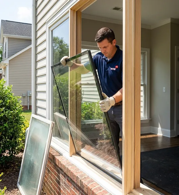 WowFix technician replacing a fogged glass unit at a Kernersville home
