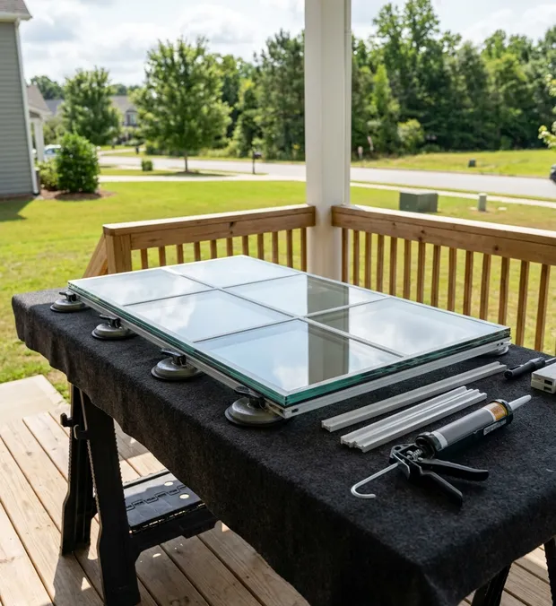 WowFix assembling a made-to-measure insulated glass unit on a felt-covered workbench