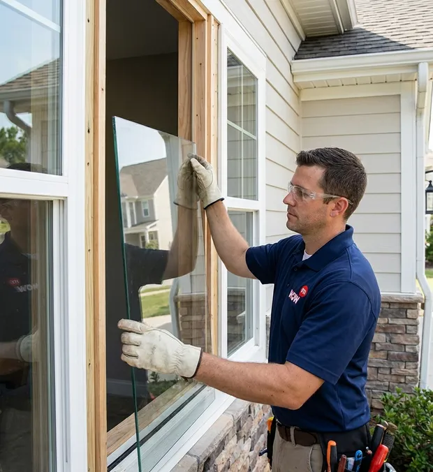 WowFix technician setting new glass at a Clayton home