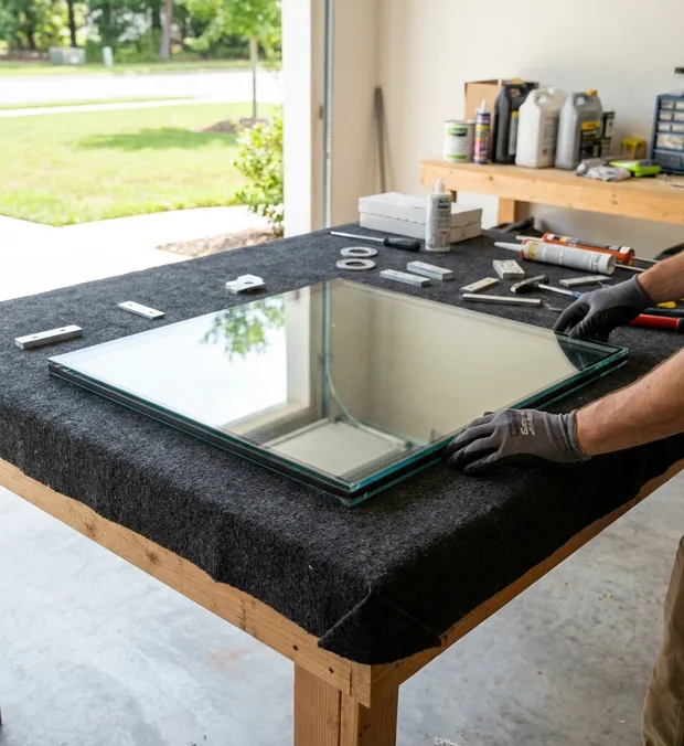 WowFix assembling a made-to-measure insulated glass unit on a felt-covered workbench