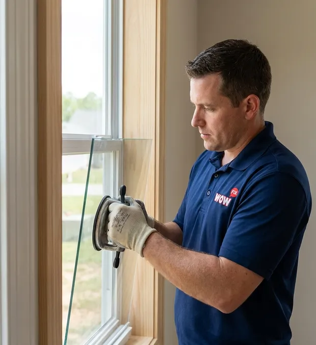 WowFix technician installing replacement glass at a Pineville home