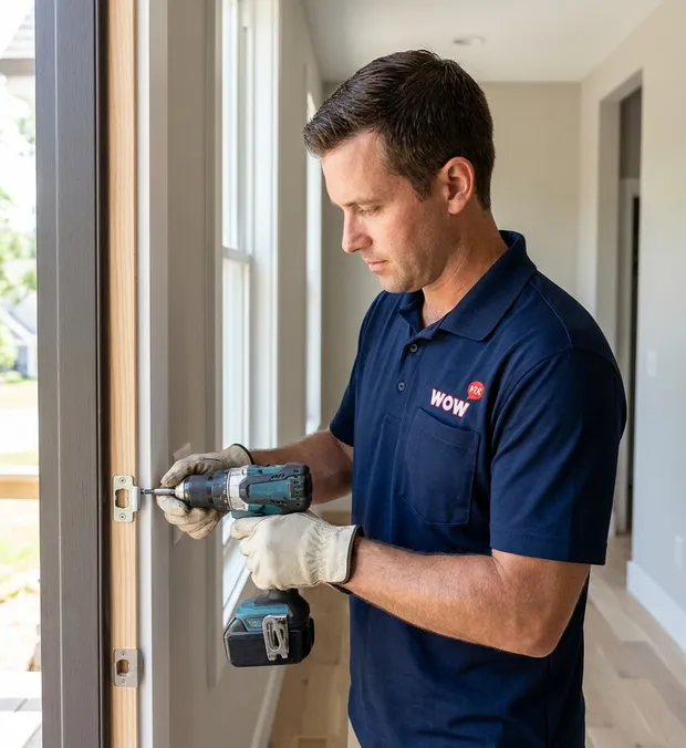 WowFix technician fastening a strike plate on a door jamb in a Raleigh home