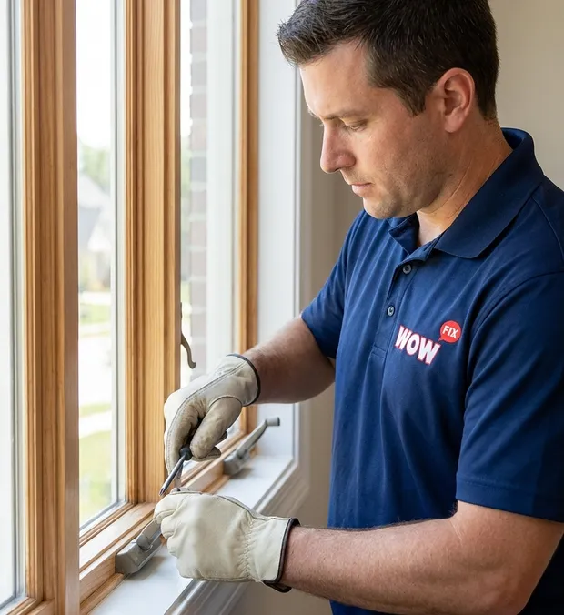 WowFix technician diagnosing window hardware during a Wake Forest visit