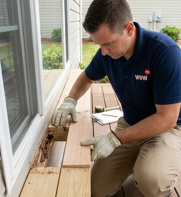 WowFix technician itemizing rot repairs during a Charlotte assessment