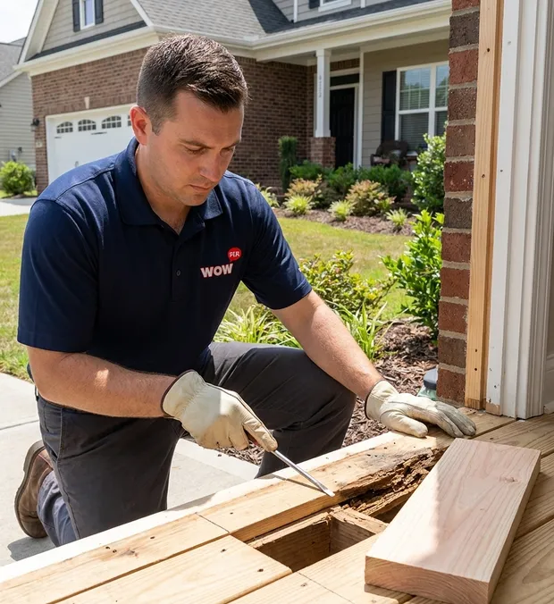 WowFix technician probing sill wood during a Clayton rot assessment