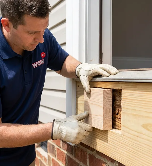 WowFix technician probing sill wood during a Gastonia assessment