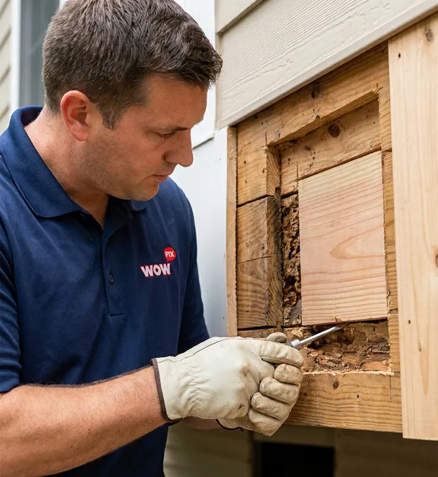 WowFix technician probing wood during a Greensboro rot assessment