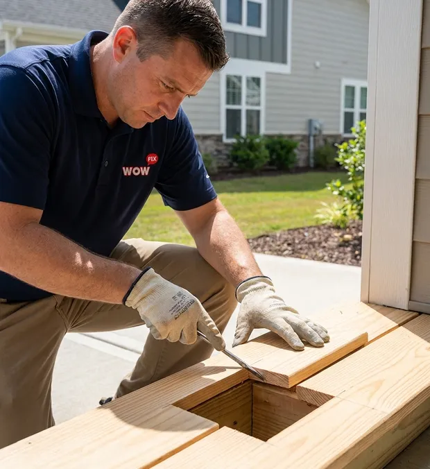 WowFix technician probing a sill during a Lexington rot assessment