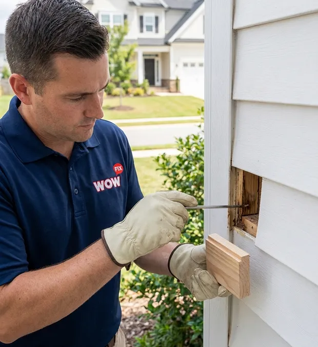 WowFix technician probing wood during a Morrisville rot assessment