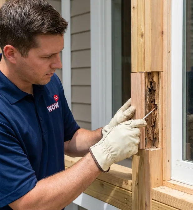 WowFix technician probing frame wood during a Winston-Salem assessment