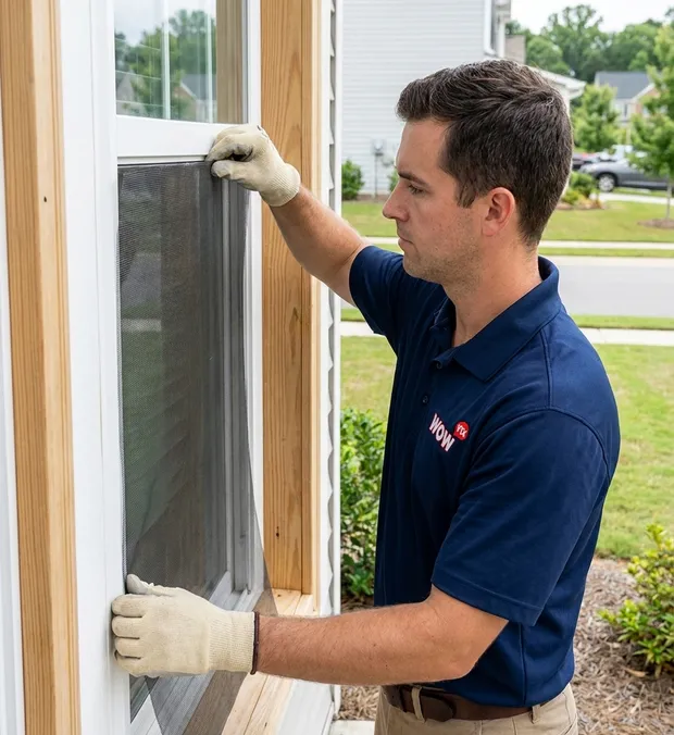 WowFix technician rescreening window frames at an Asheboro home