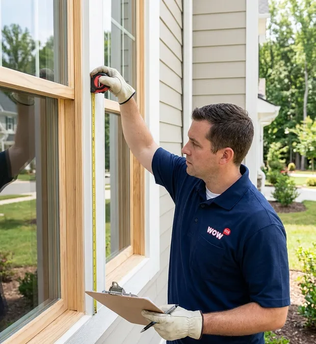 WowFix technician measuring a window before a written quote in Cary NC