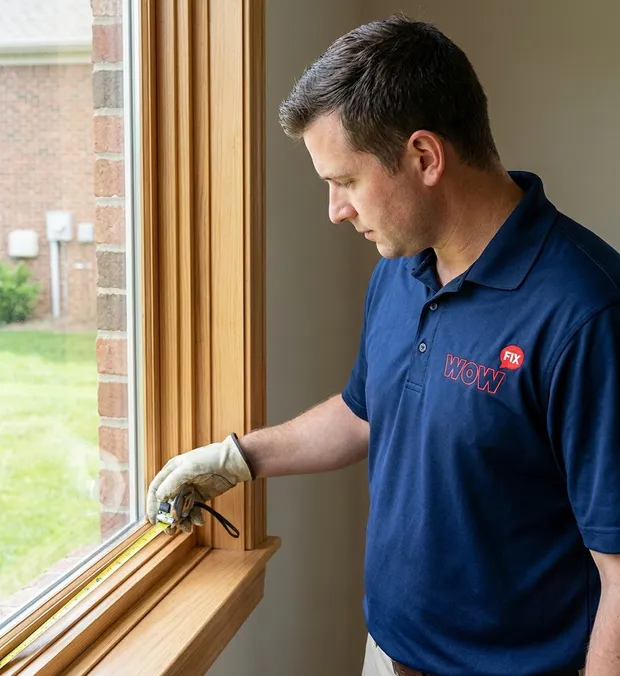 WowFix technician measuring a window before a written quote in Chapel Hill NC