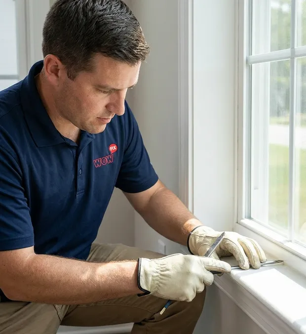 WowFix technician diagnosing a post-warranty window failure in Garner