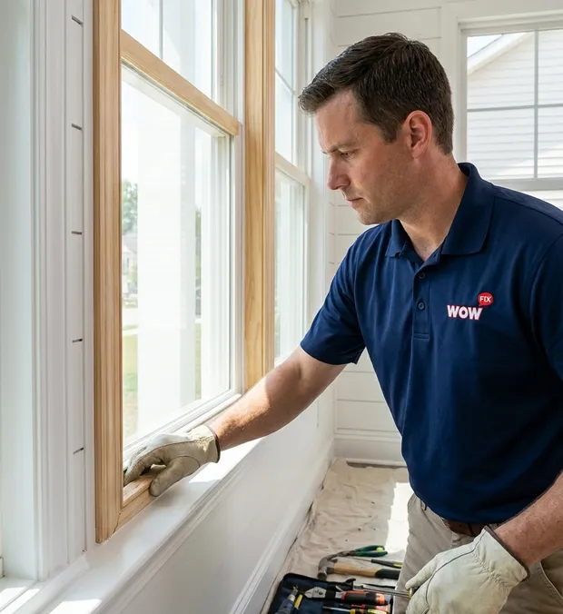 WowFix technician assessing a window during a Gastonia repair visit