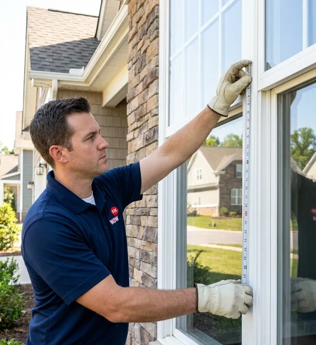 WowFix technician measuring a window before a written quote in Indian Trail NC
