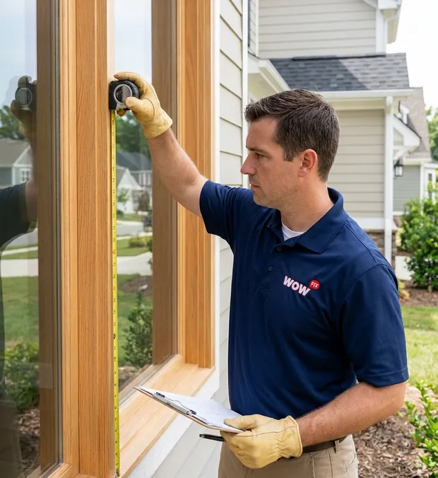WowFix technician taking measurements before a written window repair quote in Kannapolis