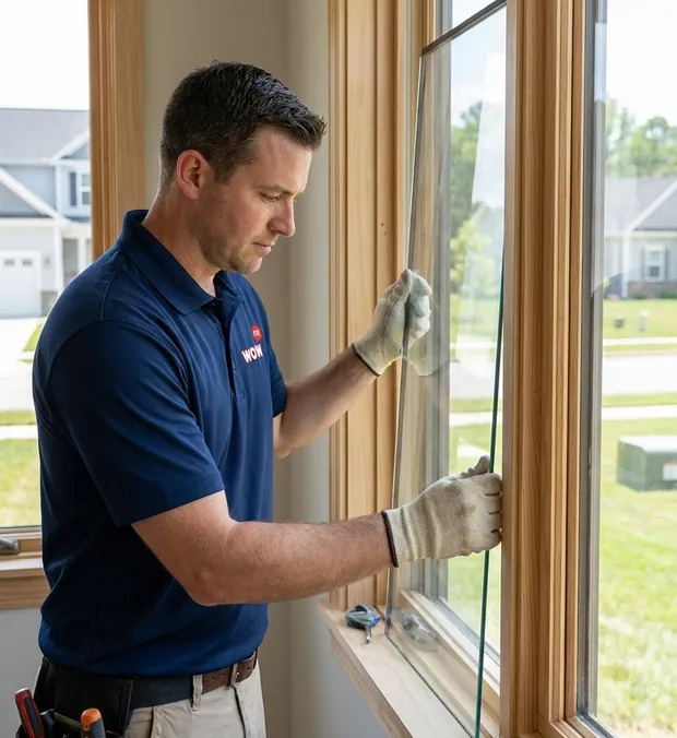 WowFix technician fitting new glass at a Thomasville home