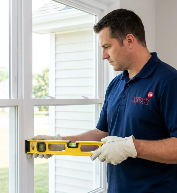 WowFix technician checking a newly installed vinyl window with a spirit level