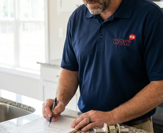 WowFix technician confirming a written door hardware price in Charlotte NC