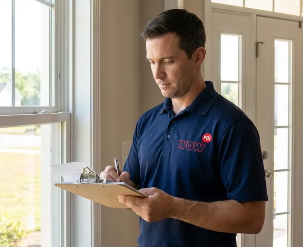 WowFix technician confirming a written door repair price in Chapel Hill NC