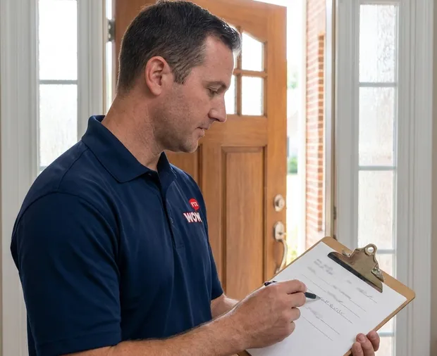 WowFix technician confirming a written door repair price in Greensboro NC