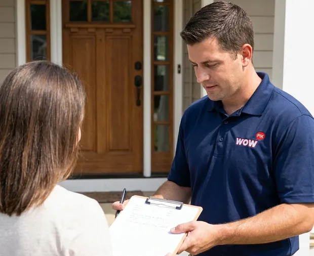 WowFix technician confirming a written door repair price in Kernersville NC