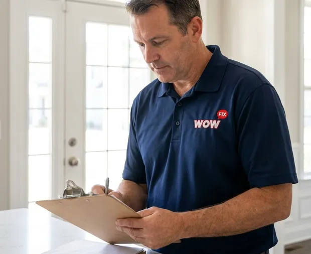 WowFix technician confirming a written door repair price in Mooresville NC