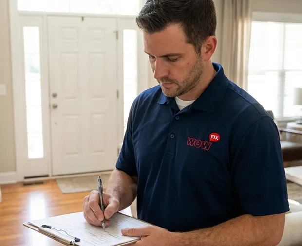 WowFix technician confirming a written door repair price in Morrisville NC