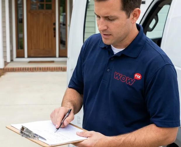 WowFix technician confirming a written door repair price in Raleigh NC