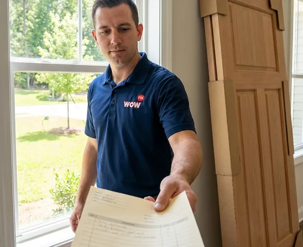 WowFix technician preparing a written door estimate in Apex NC