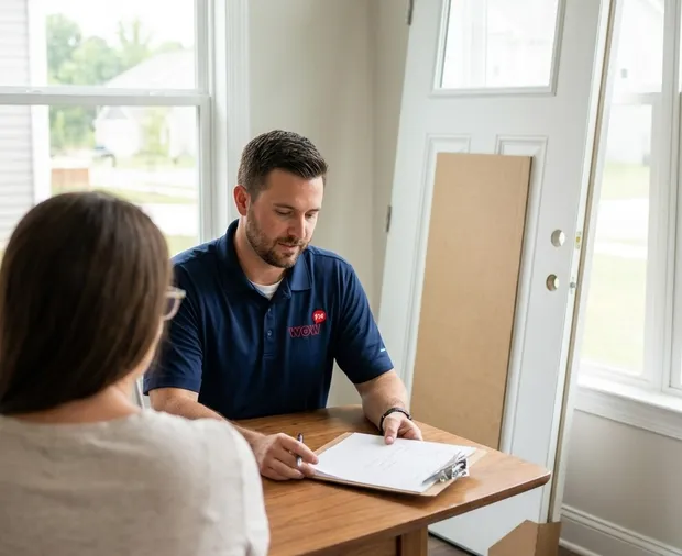 WowFix technician preparing a written door replacement estimate in Garner NC