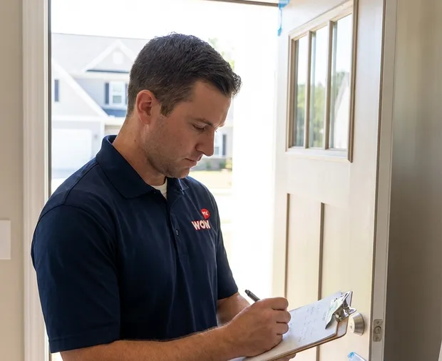 WowFix technician confirming a written door replacement estimate in Matthews NC