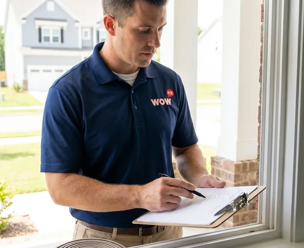 WowFix technician confirming a written leak repair price in Apex NC
