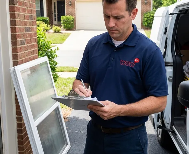 WowFix technician confirming a written foggy glass price in Kernersville NC