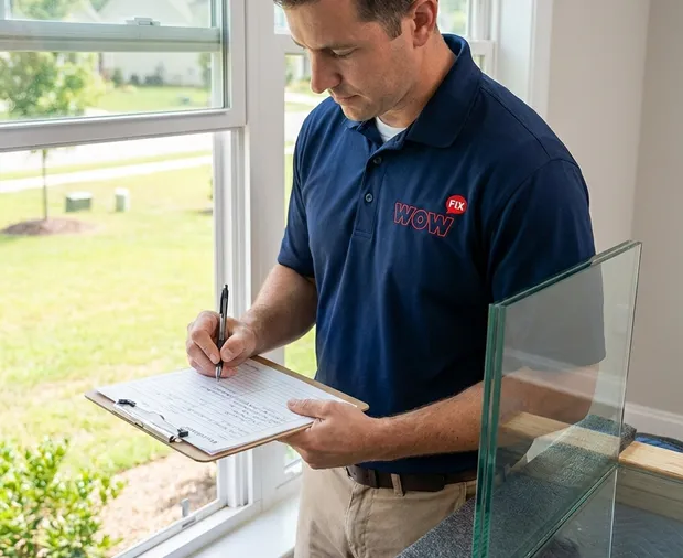 WowFix technician writing up a glass repair quote on-site in Charlotte NC