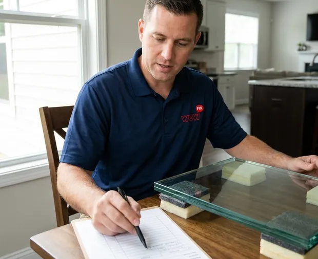 WowFix technician confirming a written glass price in Clayton NC