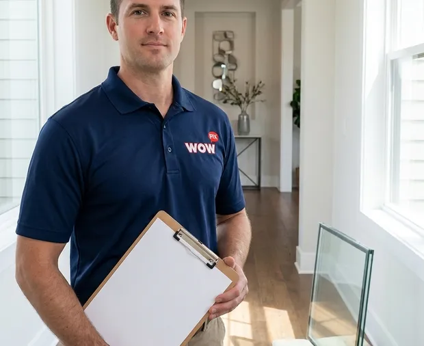 WowFix technician confirming a written glass replacement price in Pineville NC